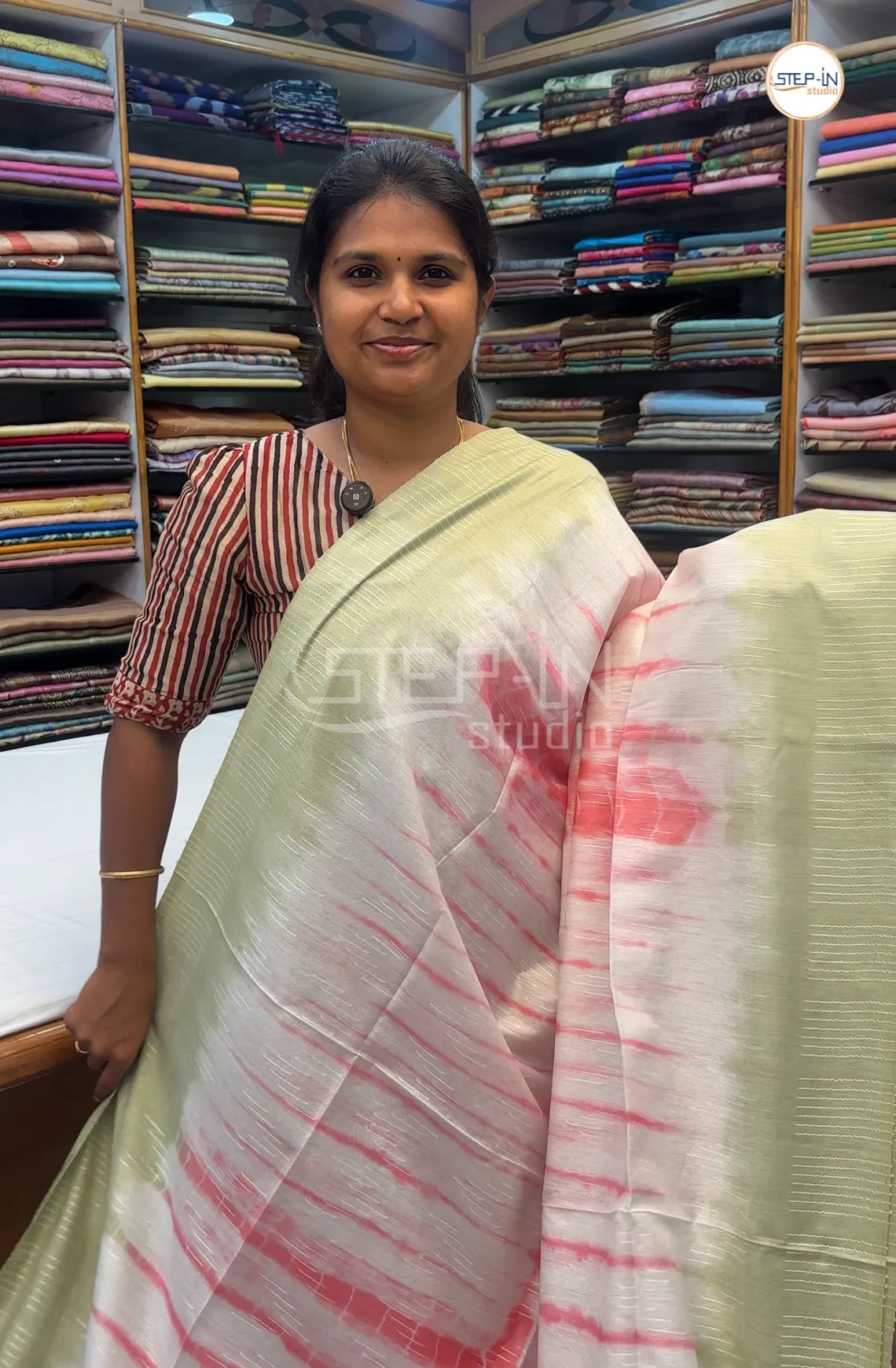 Shibori Printed Tusser Saree -LightGreen