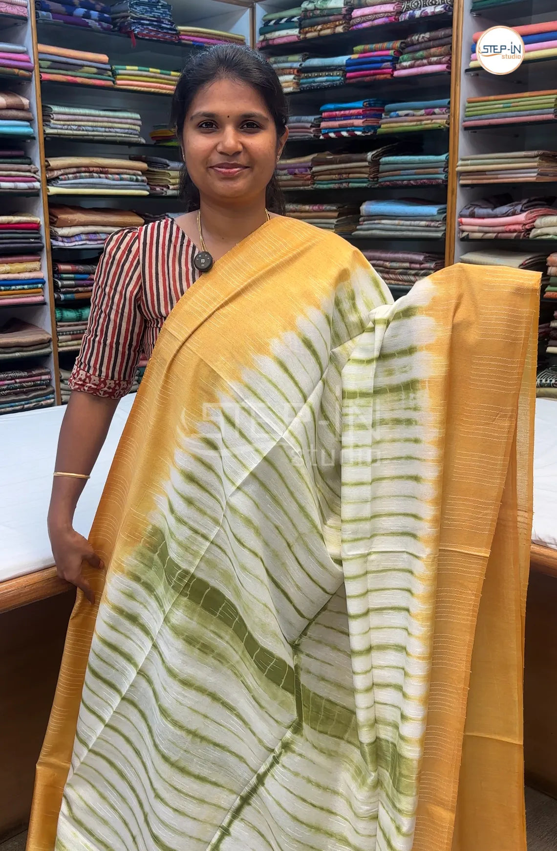 Shibori Printed Tusser Saree -Yellow