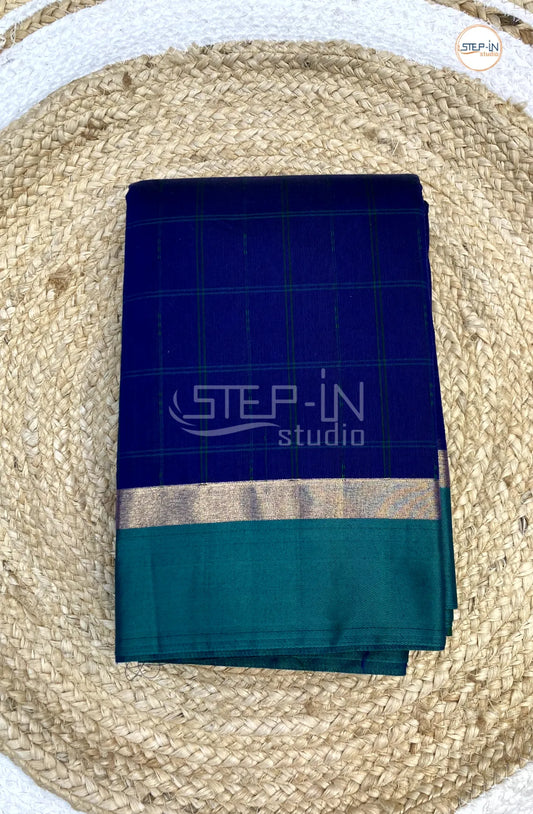 Silk Cotton Saree With Checked Body - Blue with Sea Green