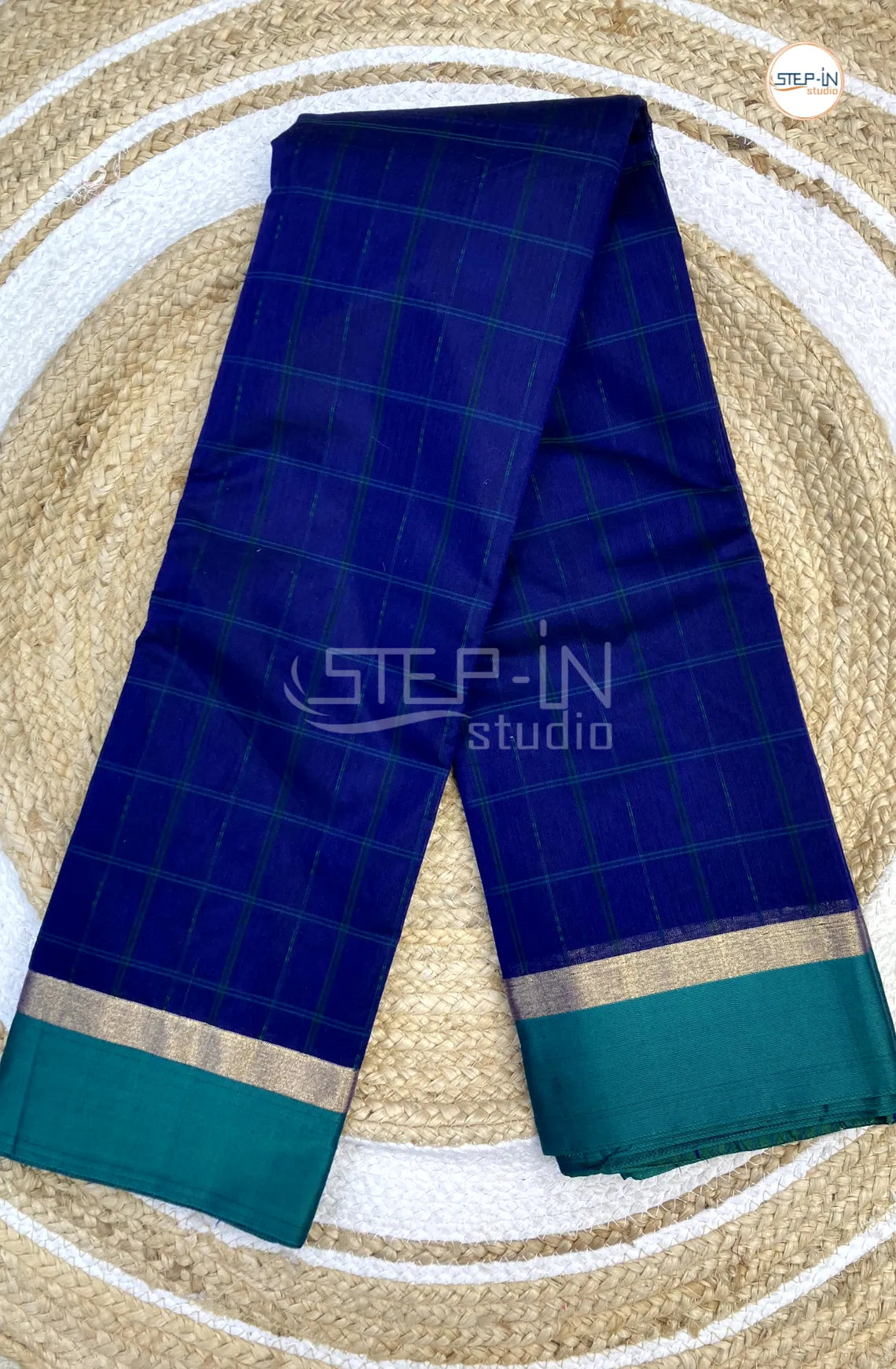 Silk Cotton Saree With Checked Body - Blue with Sea Green