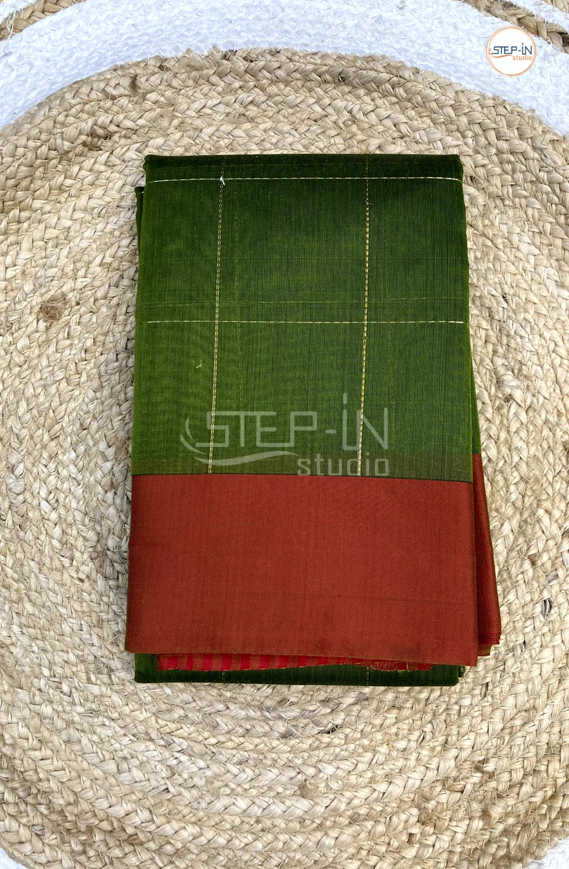 Silk Cotton Saree With Checked Body - Bottle Green with Red