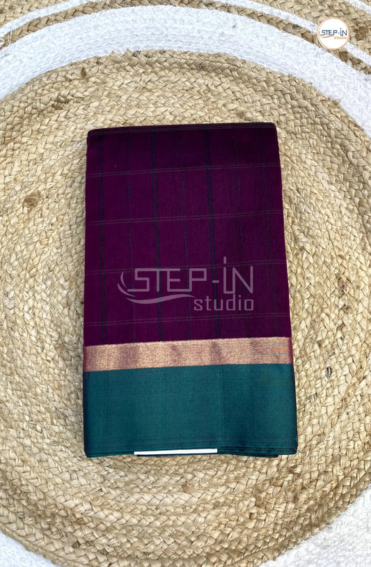 Silk Cotton Saree With Checked Body - Dark Purple with Sea Green