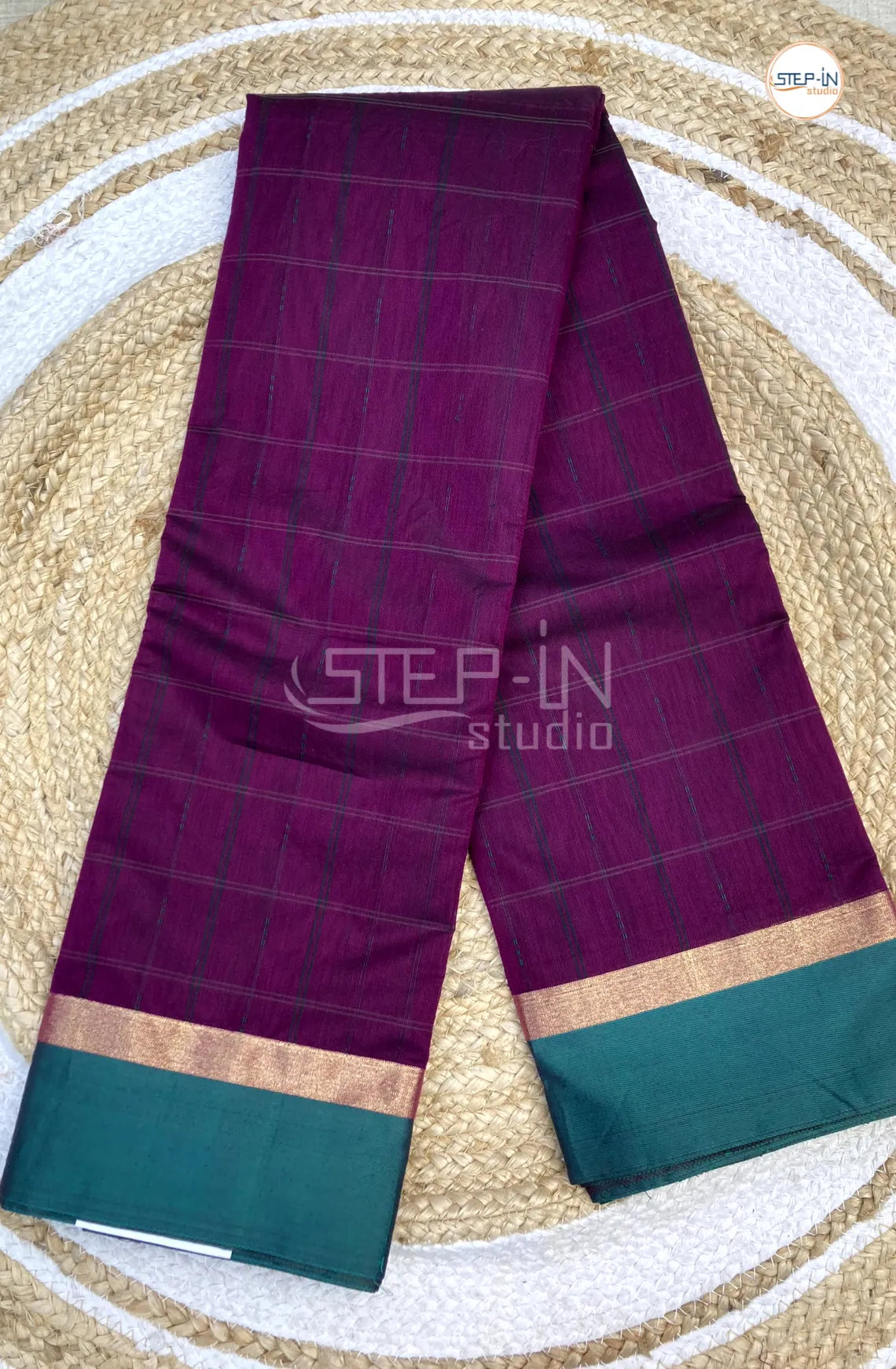 Silk Cotton Saree With Checked Body - Dark Purple with Sea Green