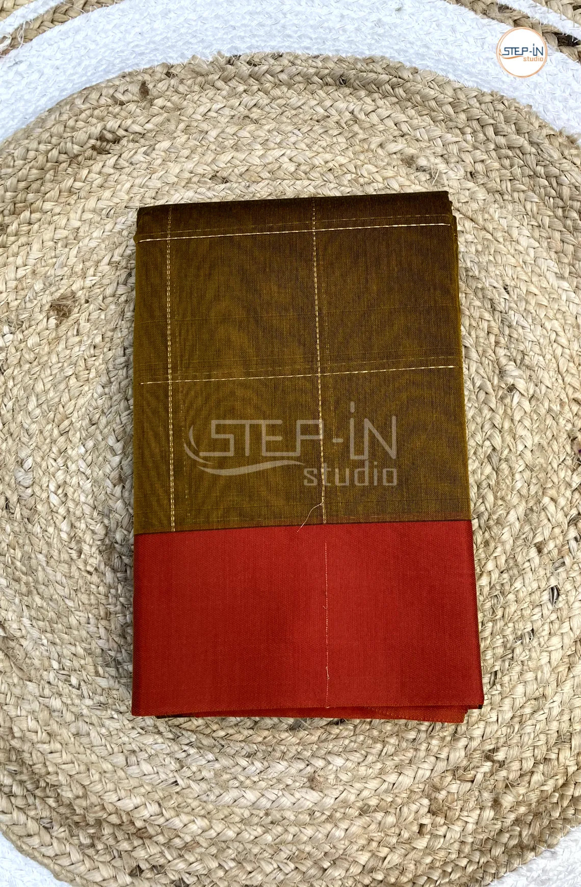 Silk Cotton Saree With Checked Body - Gold with Red