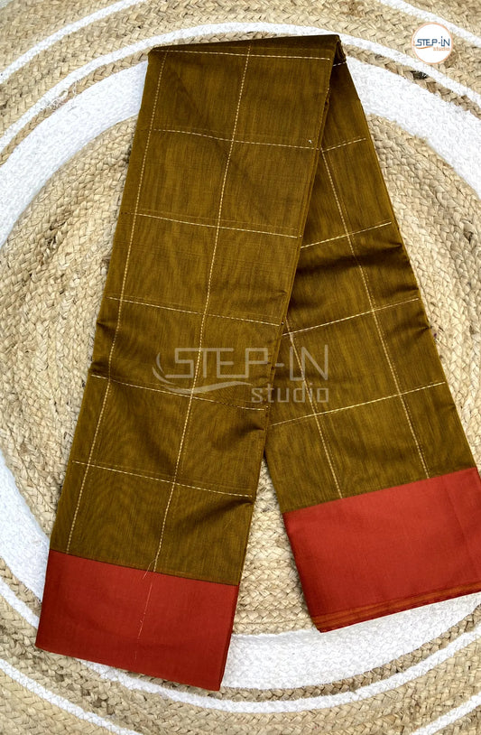 Silk Cotton Saree With Checked Body - Gold with Red