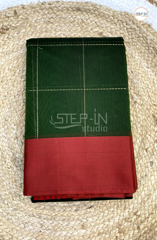 Silk Cotton Saree With Checked Body - Green with Red
