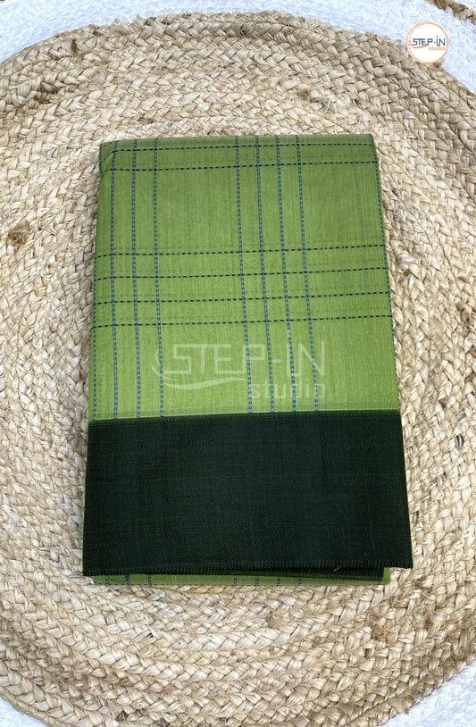 Silk Cotton Saree With Checked Body - LimeGreen with Dark Green