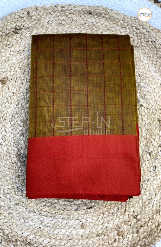 Silk Cotton Saree With Checked Body - Mustard Yellow with Red