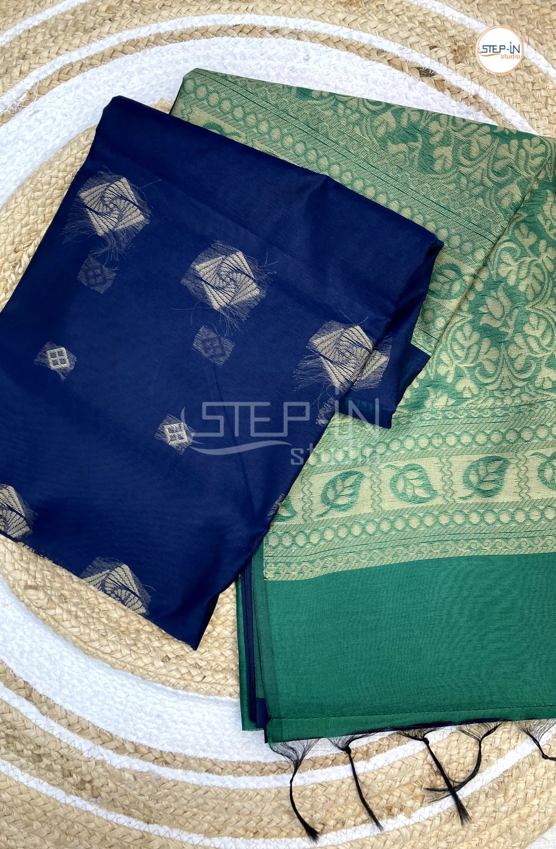 Silk Cotton Saree With Floral Body - Blue with Green