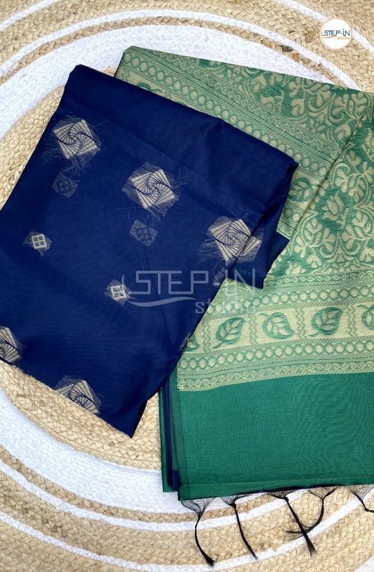 Silk Cotton Saree With Floral Body - Blue with Green