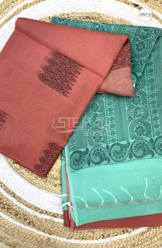Silk Cotton Saree With Floral Body - Dusty Rose with Green
