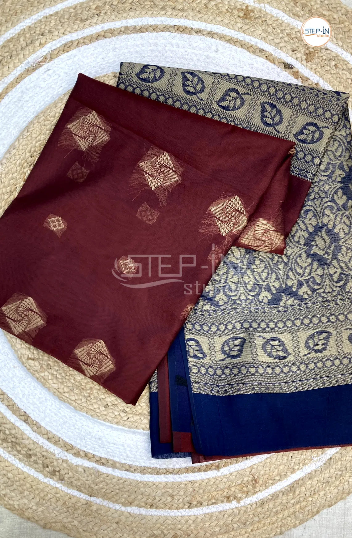 Silk Cotton Saree With Floral Body - Maroon with Blue