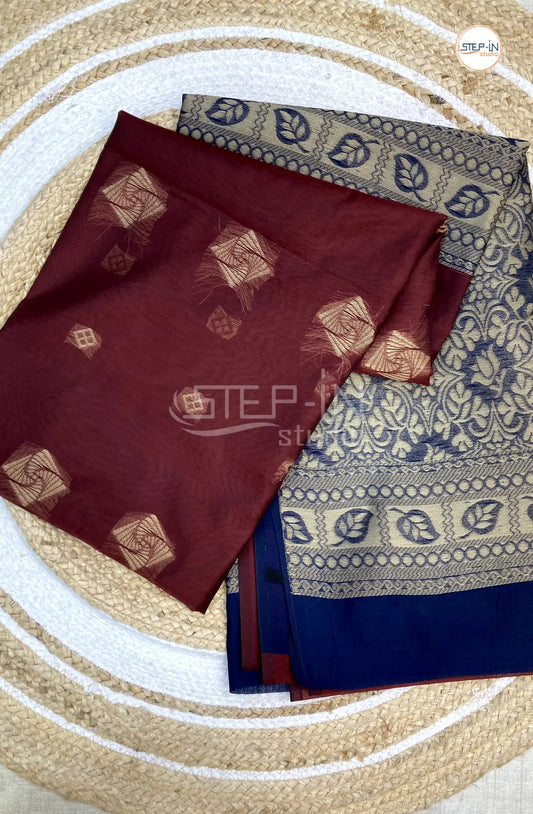 Silk Cotton Saree With Floral Body - Maroon with Blue