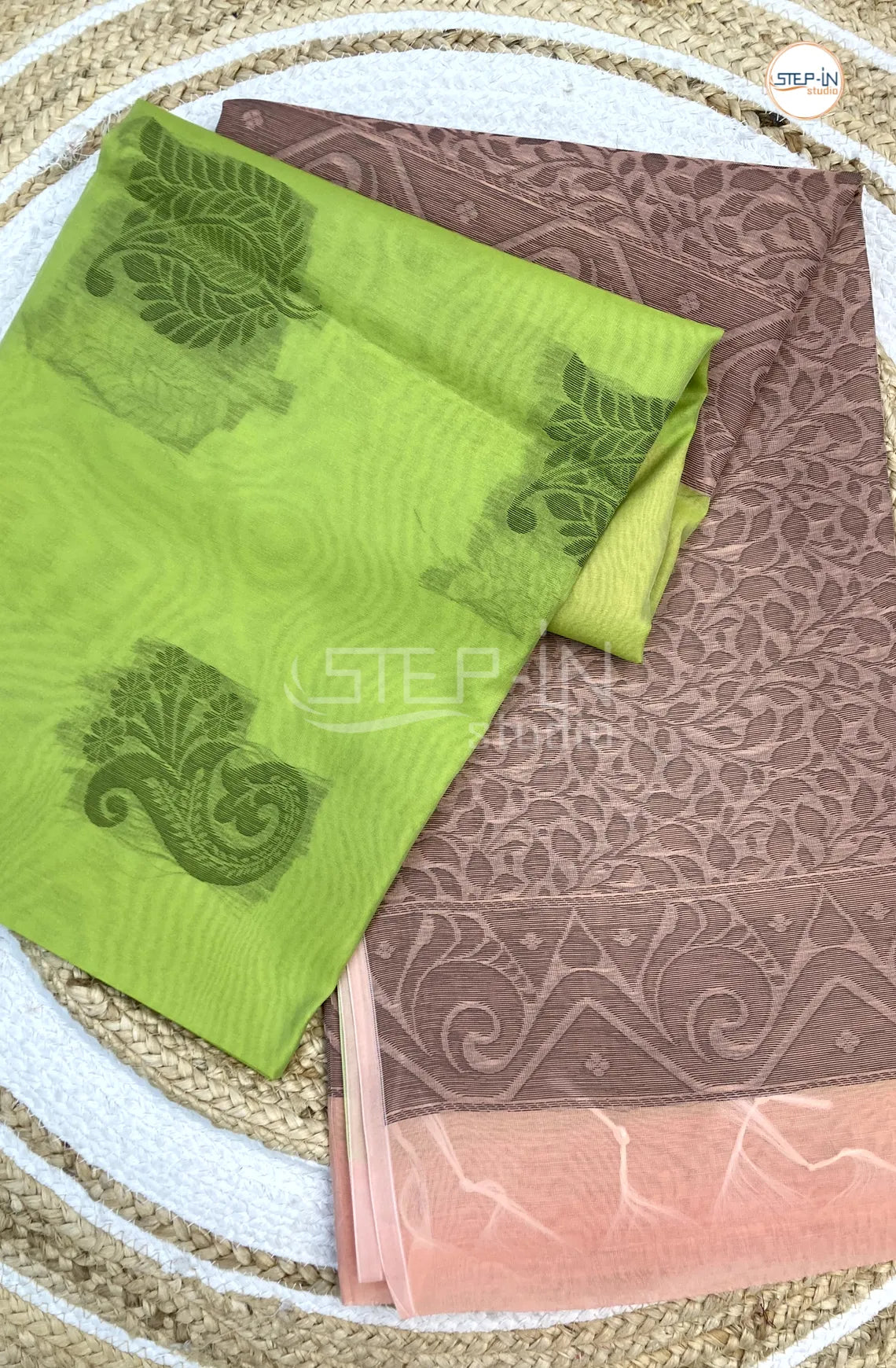 Silk Cotton Saree With Floral Body - Pastel Green with Brown
