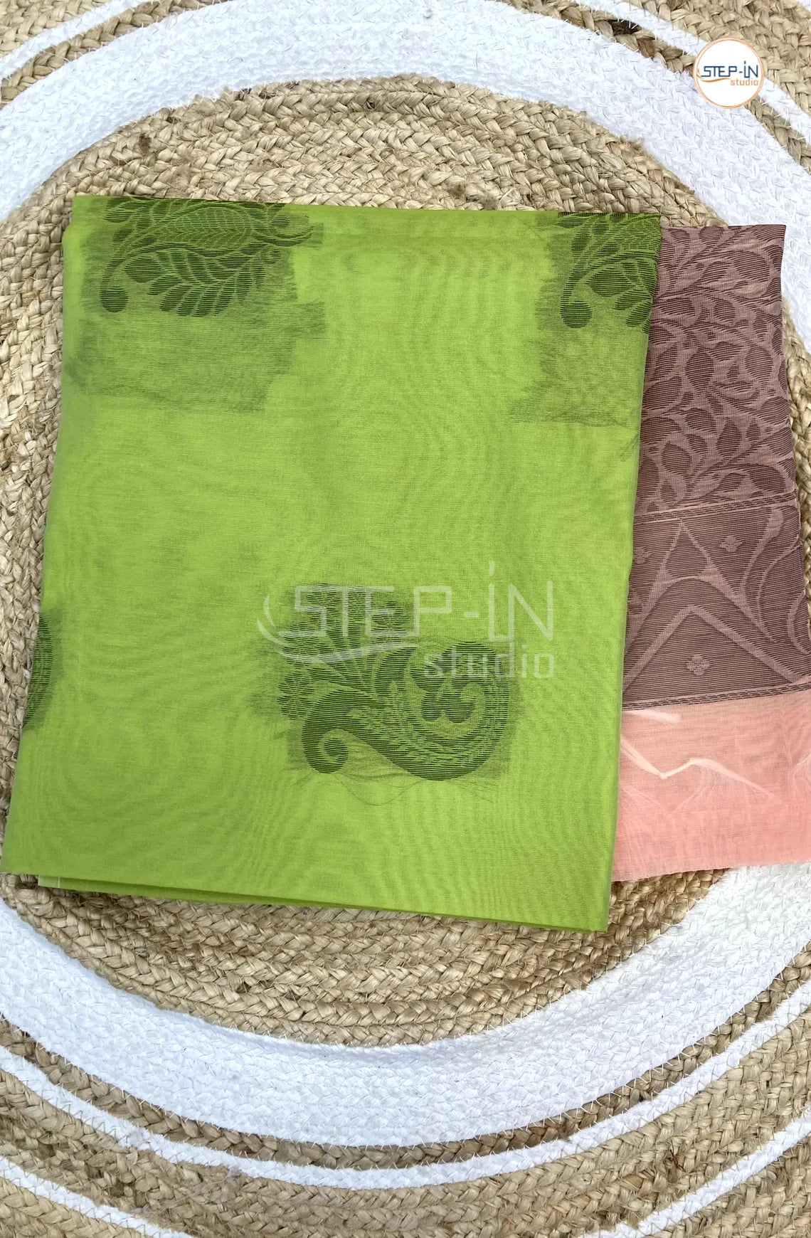 Silk Cotton Saree With Floral Body - Pastel Green with Brown