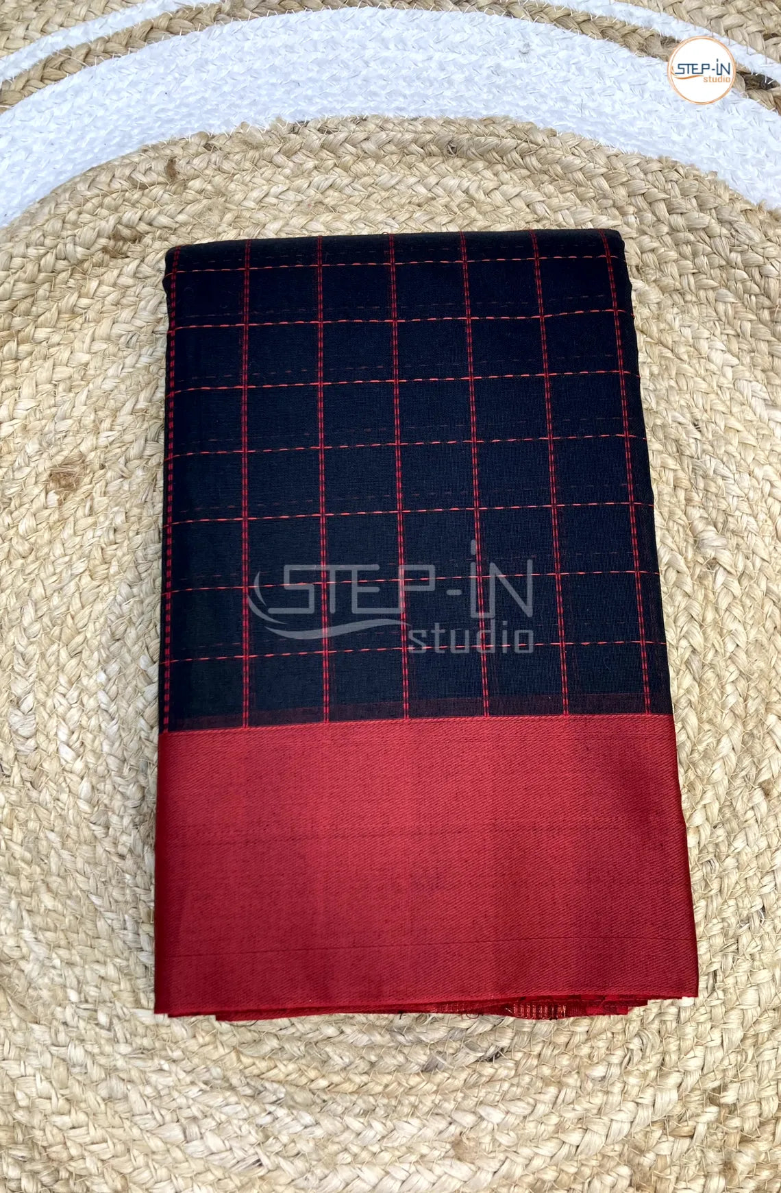 Silk Cotton Saree With Mini Checked Body - Black with Red