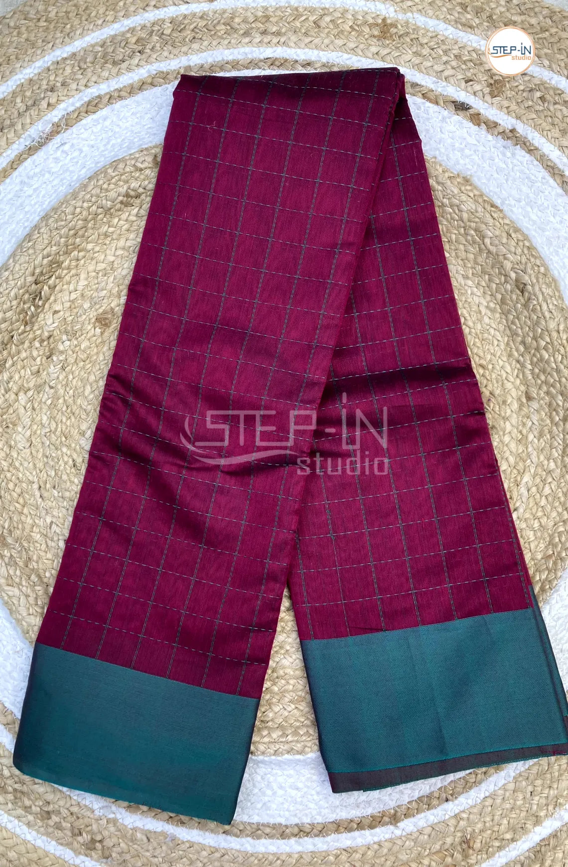 Silk Cotton Saree With Mini Checked Body - Dark Pink with Green