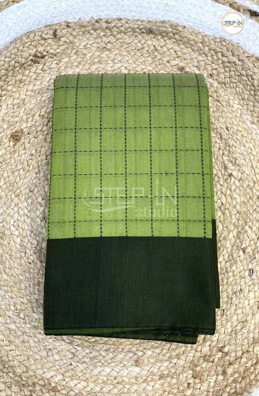Silk Cotton Saree With Mini Checked Body - Lime Green with Green