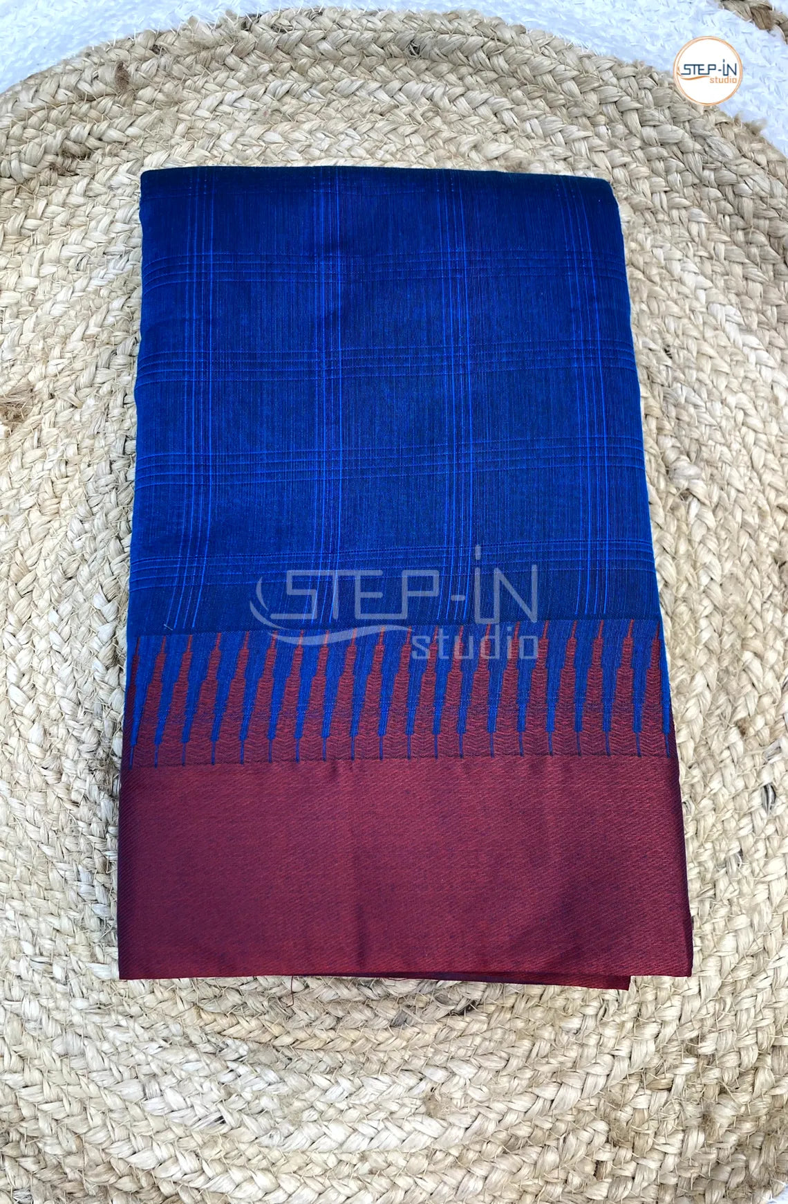 Silk Cotton Saree With Striped Body - Blue with Red
