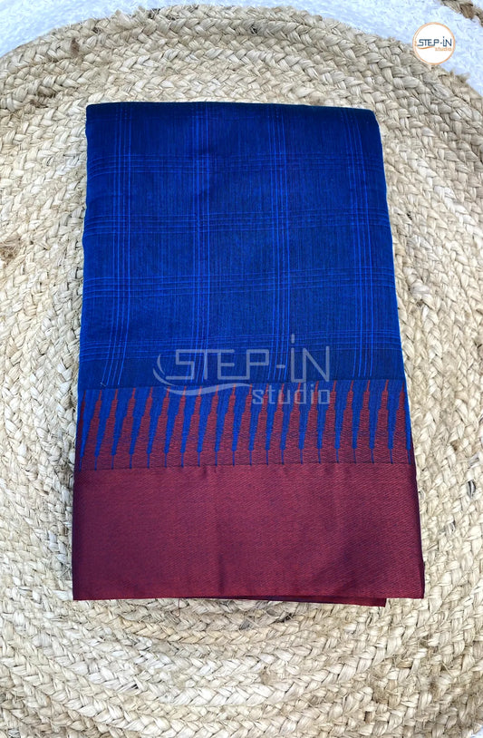 Silk Cotton Saree With Striped Body - Blue with Red