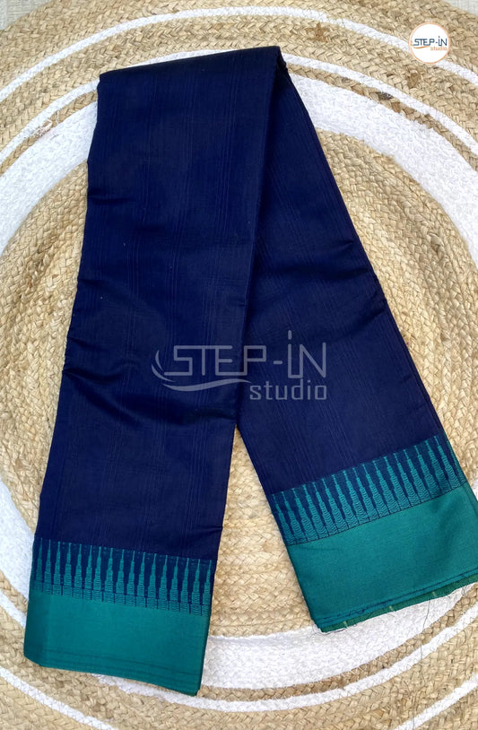 Silk Cotton Saree With Striped Body - Navy Blue with Green