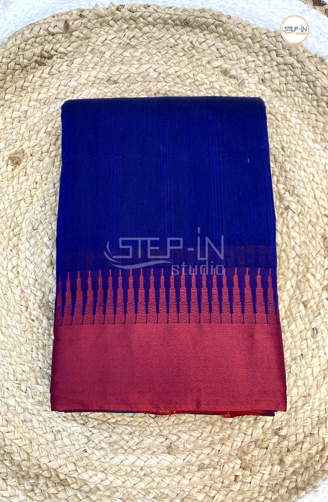 Silk Cotton Saree With Striped Body - Navy Blue with Red