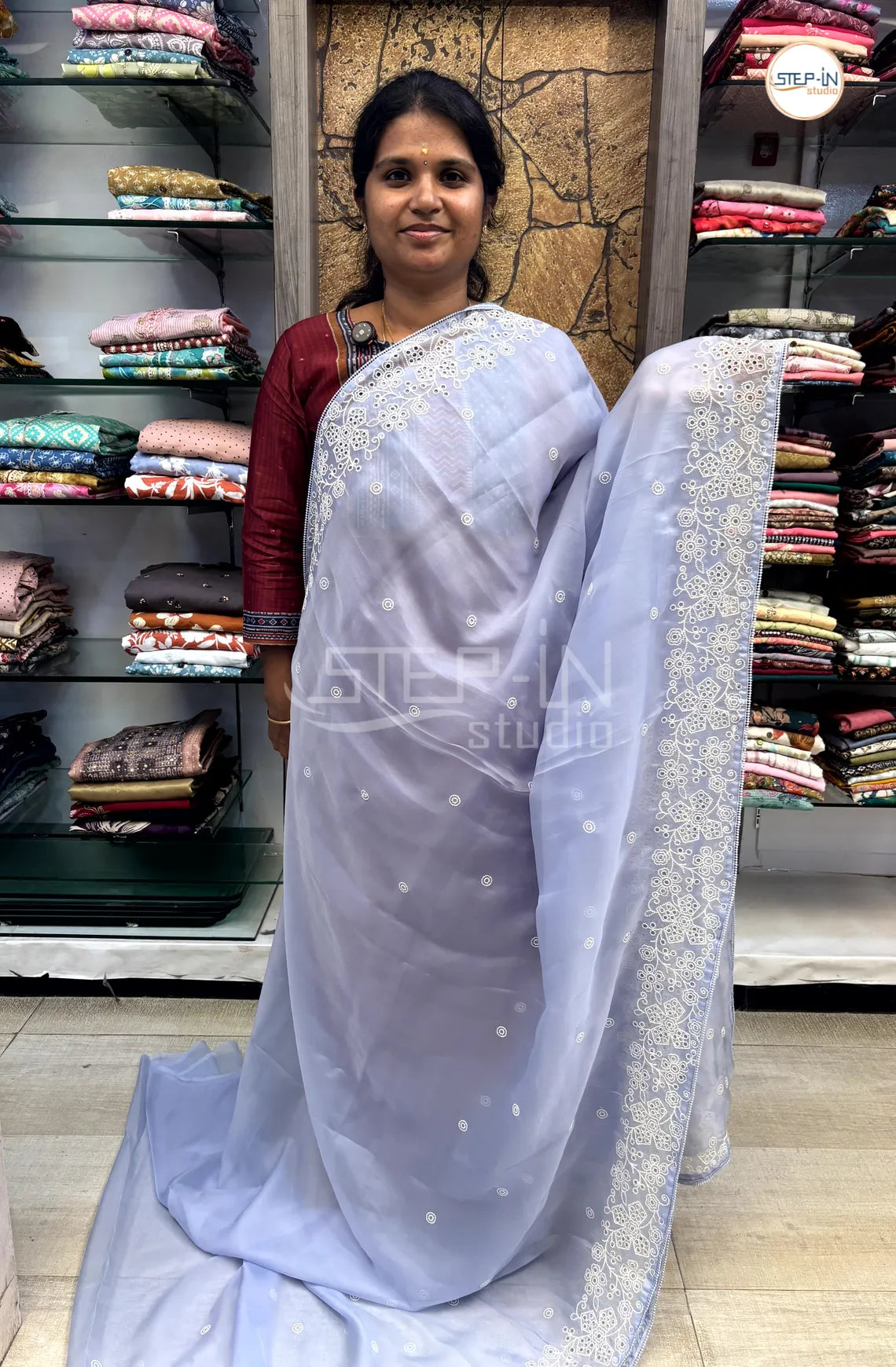 Shimmer Georgette Cut Work Saree With Embroidery Pallu & Blouse - Aqua Blue