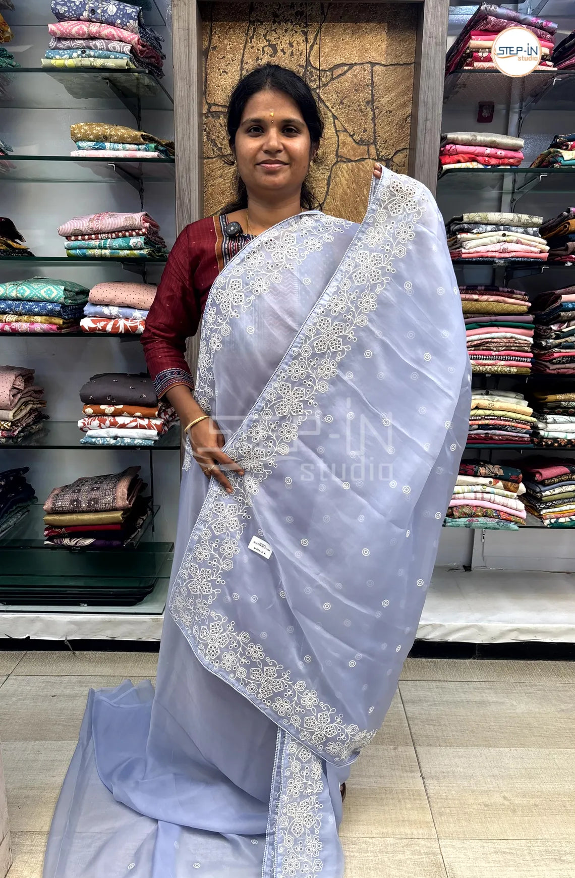 Shimmer Georgette Cut Work Saree With Embroidery Pallu & Blouse - Aqua Blue