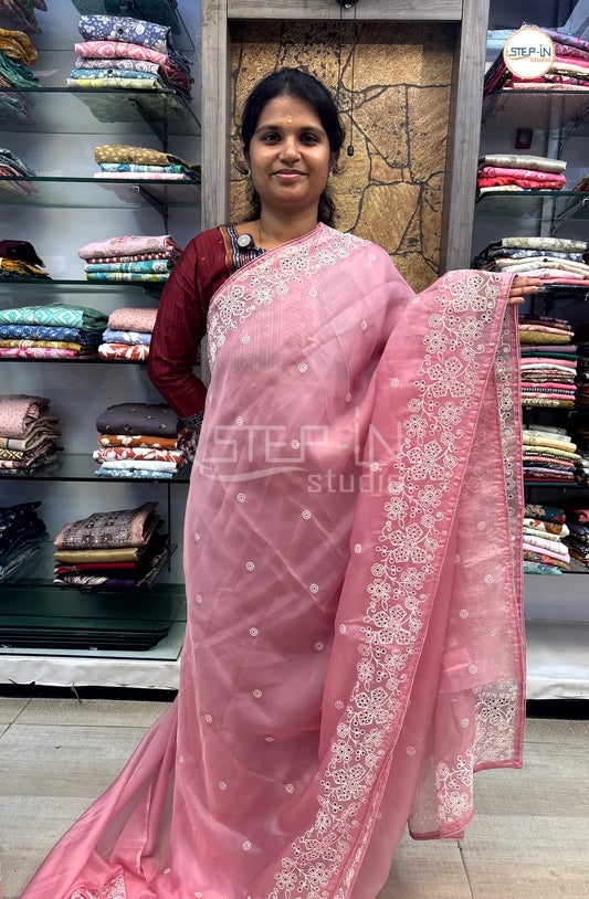 Shimmer Georgette Cut Work Saree With Embroidery Pallu & Blouse - Pastel Pink