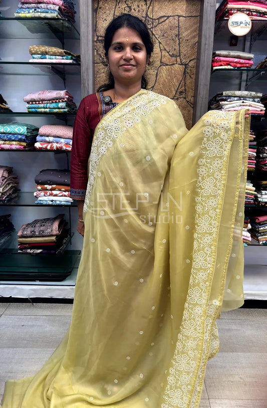 Shimmer Georgette Cut Work Saree With Embroidery Pallu & Blouse - Pastel Yellow