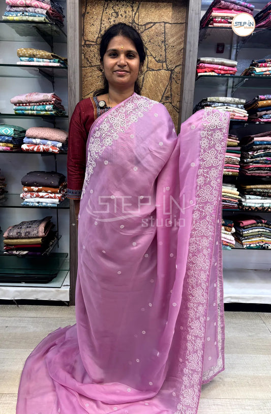 Shimmer Georgette Cut Work Saree With Embroidery Pallu & Blouse - Pink