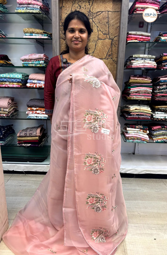 Shimmer Georgette Embroidery Work Saree With Self Pallu & Blouse - Onion Pink