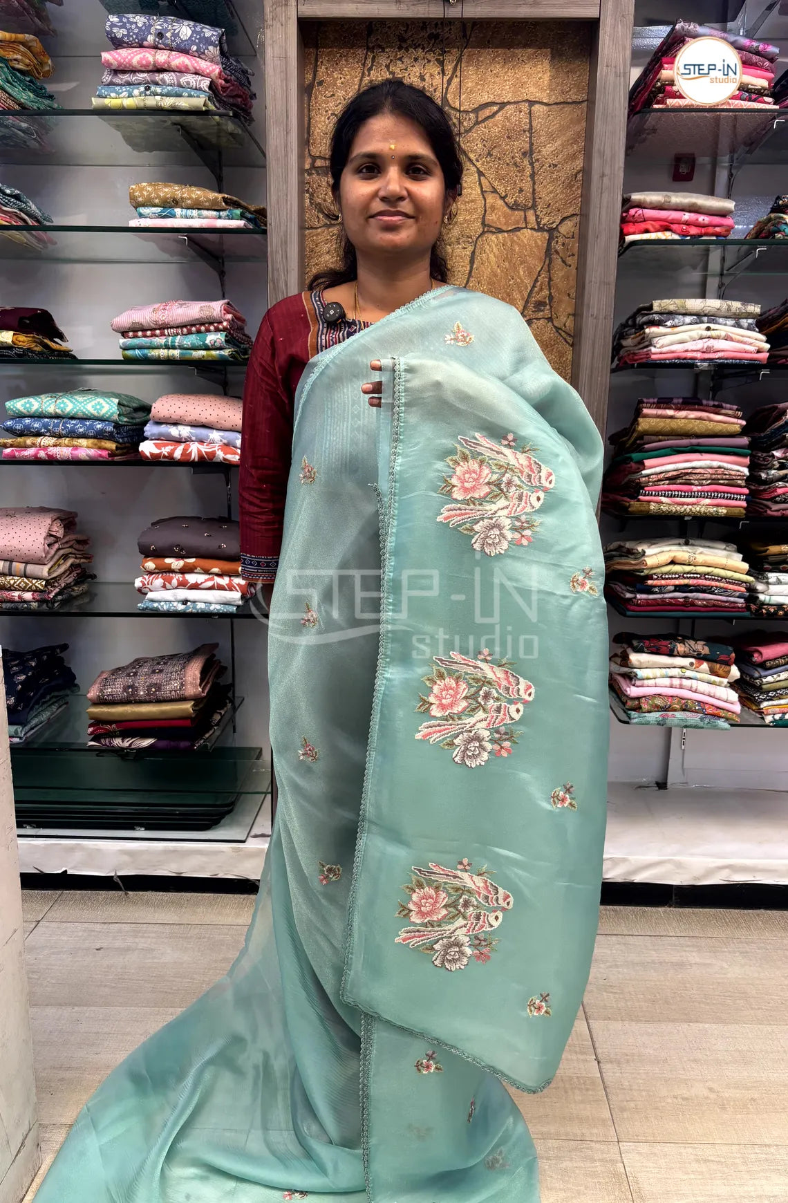 Shimmer Georgette Embroidery Work Saree With Self Pallu & Blouse - Sea Green