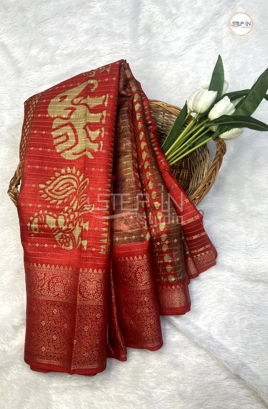 Soft Banarasi Cotton Saree With Contrast Pallu & Border With Blouse -  Maroon & Red