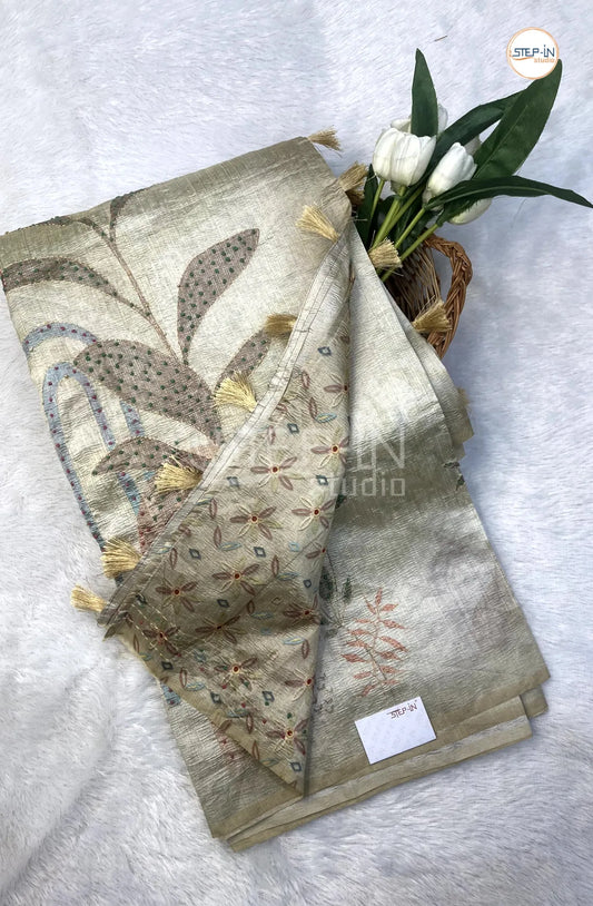 Soft Crush Tusser Saree With French Knot Work in Border & Pallu With Bloue - Beige