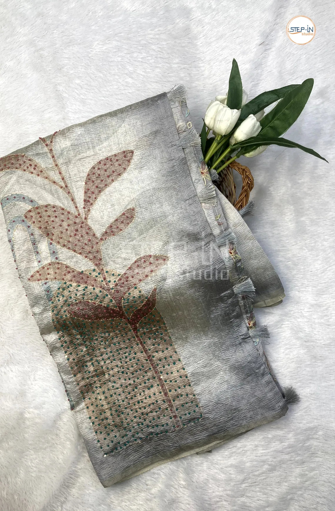 Soft Crush Tusser Saree With French Knot Work in Border & Pallu With Bloue - Grey