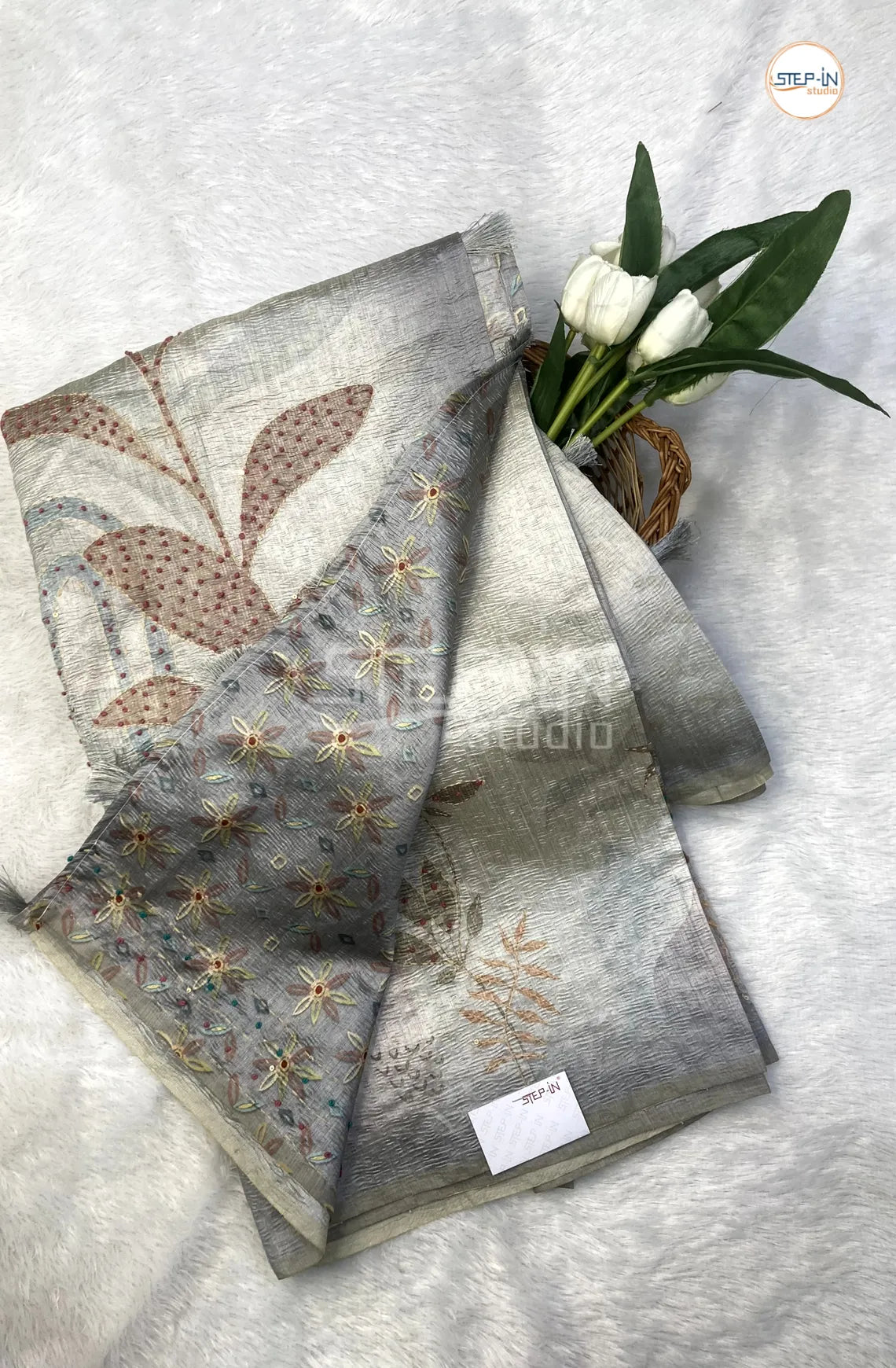 Soft Crush Tusser Saree With French Knot Work in Border & Pallu With Bloue - Grey