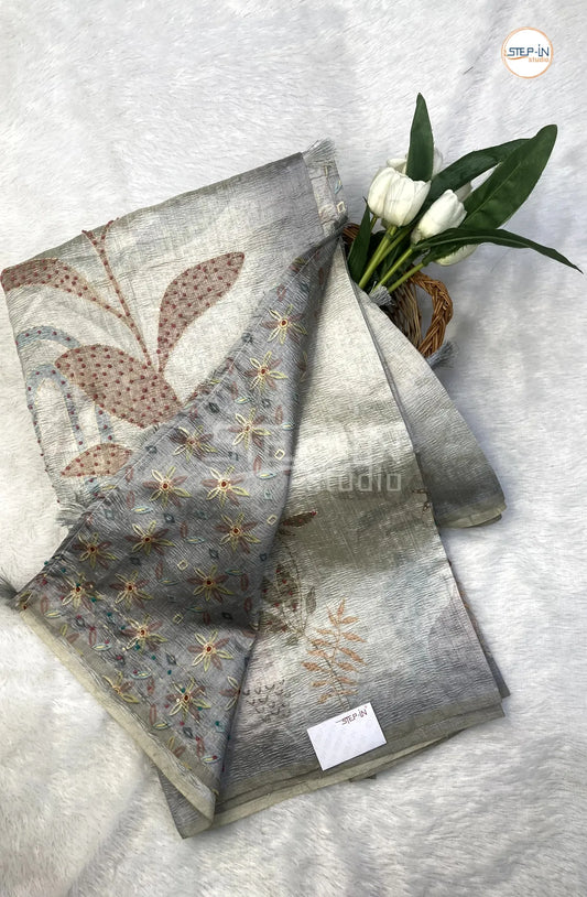 Soft Crush Tusser Saree With French Knot Work in Border & Pallu With Bloue - Grey