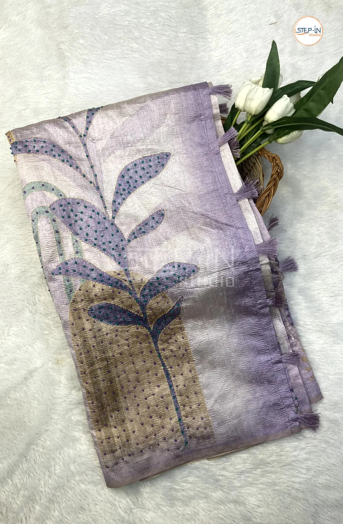Soft Crush Tusser Saree With French Knot Work in Border & Pallu With Bloue - Lavender