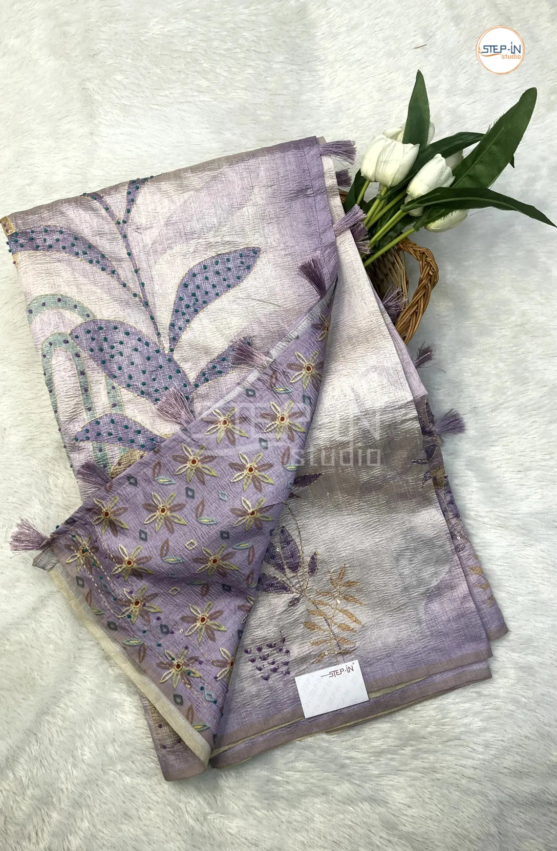 Soft Crush Tusser Saree With French Knot Work in Border & Pallu With Bloue - Lavender