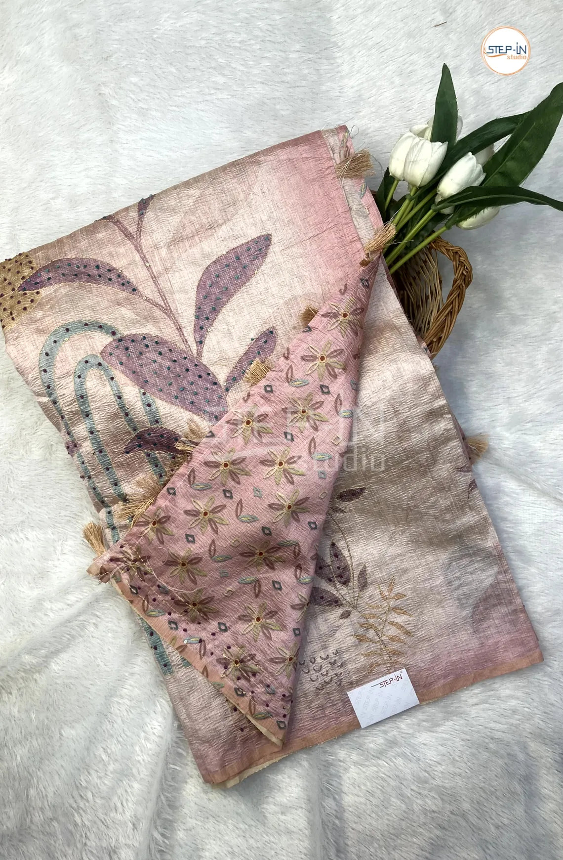 Soft Crush Tusser Saree With French Knot Work in Border & Pallu With Bloue - Pink