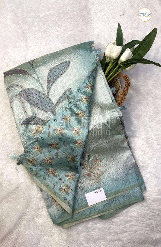 Soft Crush Tusser Saree With French Knot Work in Border & Pallu With Bloue - Sea Blue