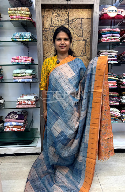 Soft Khadi Cotton Saree With Shibori Printed With Contrast Pallu & Blouse - Blue