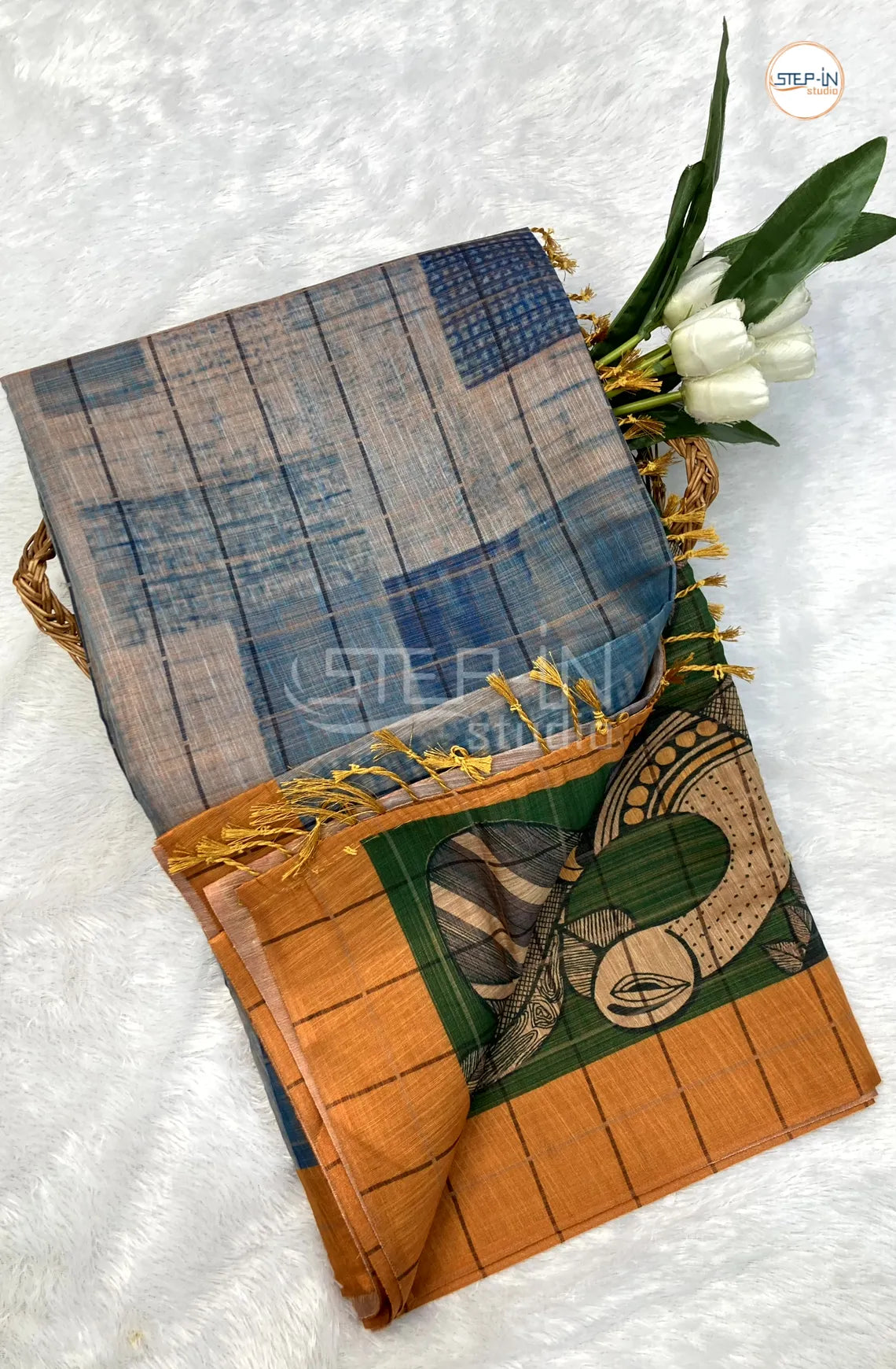 Soft Khadi Cotton Saree With Shibori Printed With Contrast Pallu & Blouse - Blue