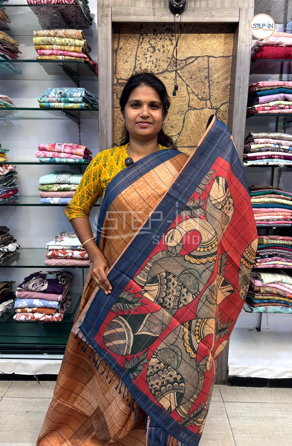 Soft Khadi Cotton Saree With Shibori Printed With Contrast Pallu & Blouse - Mustard Yellow