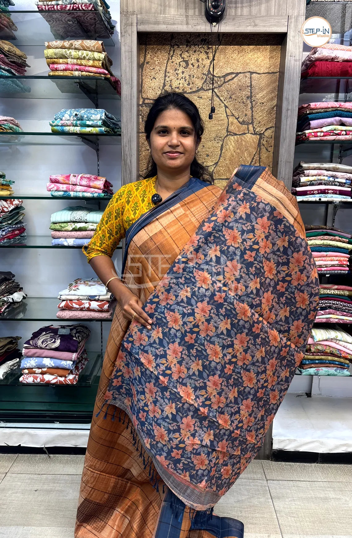Soft Khadi Cotton Saree With Shibori Printed With Contrast Pallu & Blouse - Mustard Yellow