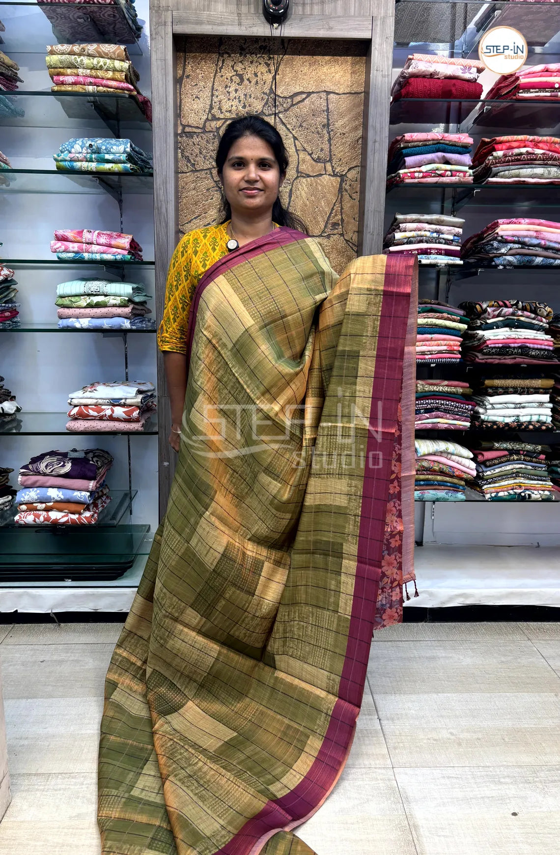 Soft Khadi Cotton Saree With Shibori Printed With Contrast Pallu & Blouse -Olive Green