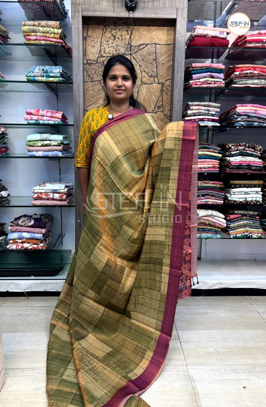 Soft Khadi Cotton Saree With Shibori Printed With Contrast Pallu & Blouse -Olive Green