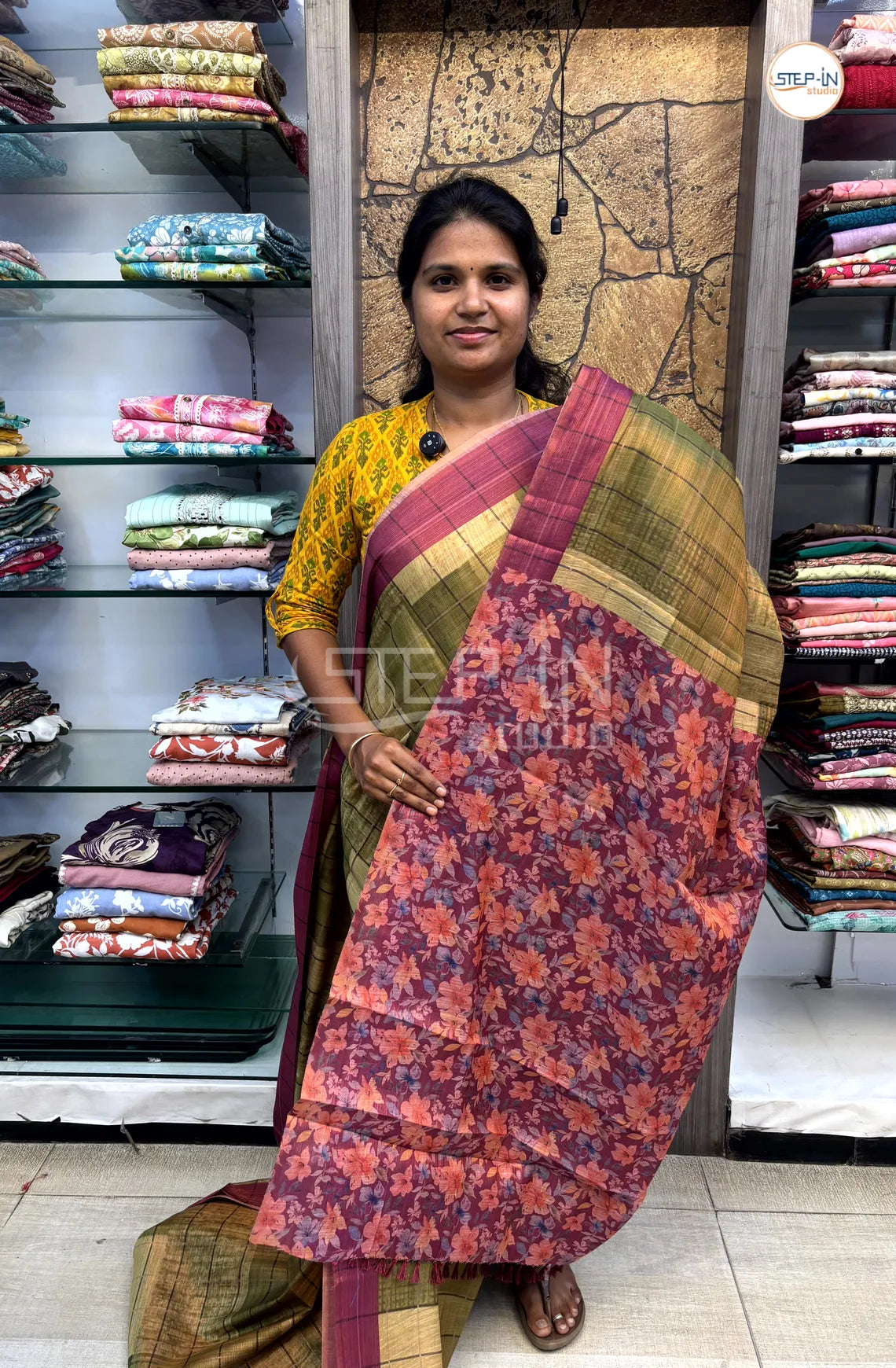 Soft Khadi Cotton Saree With Shibori Printed With Contrast Pallu & Blouse -Olive Green