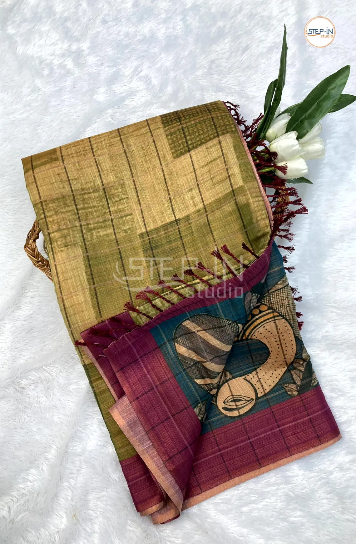 Soft Khadi Cotton Saree With Shibori Printed With Contrast Pallu & Blouse -Olive Green